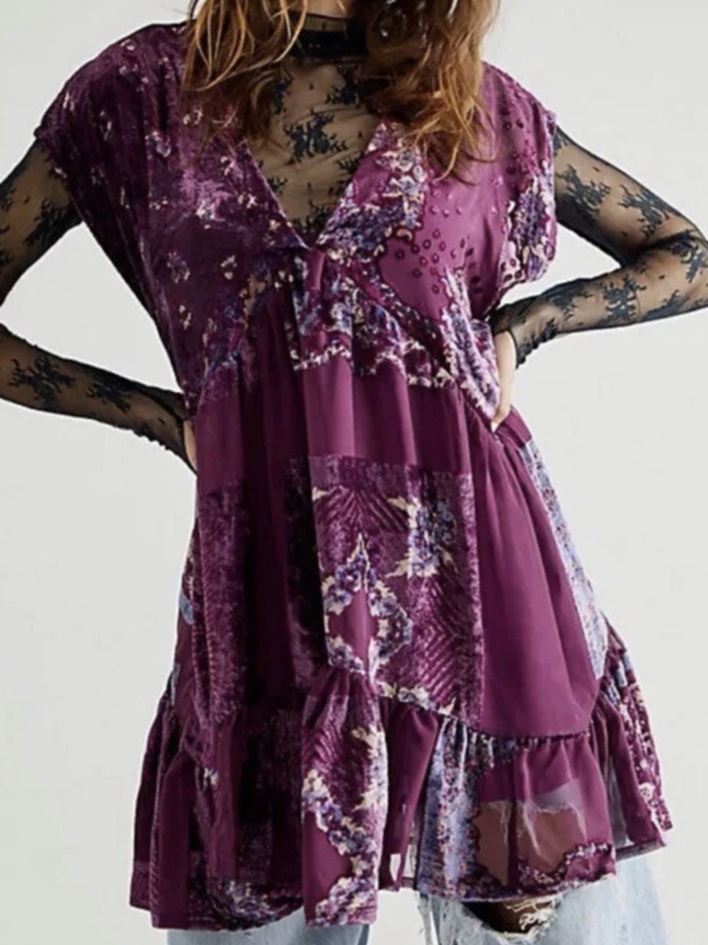 Free People Plum Patchwork Floral Tiered Dress